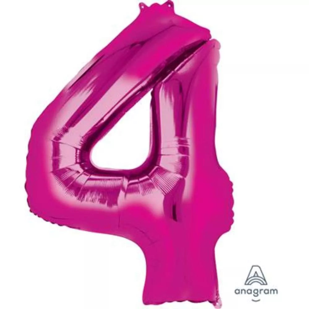 Pink 34-inch Anagram foil balloon shaped as the number 4, suitable for celebrations and party decorations.