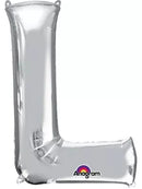 Silver 34-inch Anagram foil balloon shaped as the letter L, perfect for celebration decorations.