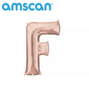 Anagram rose gold foil letter F balloon, 16-inch size, shiny metallic finish, suitable for celebrations or decorative displays.