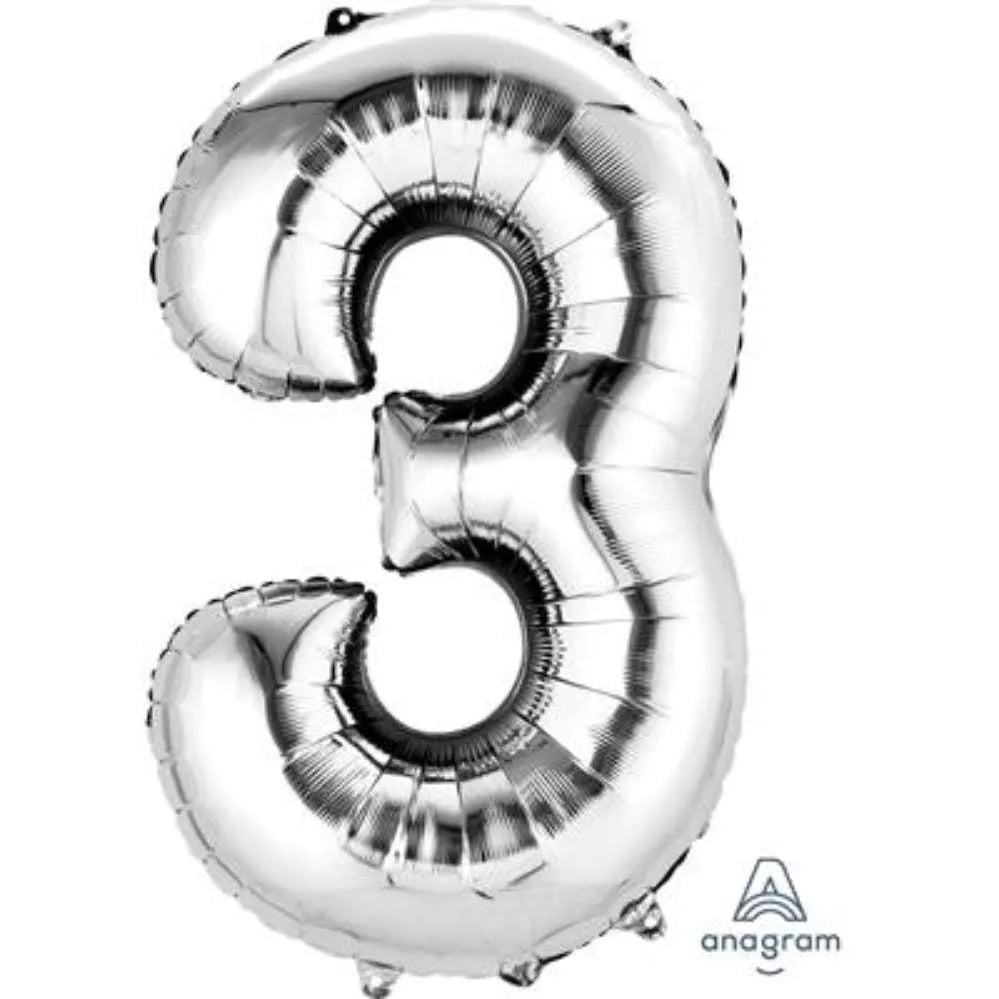 Silver foil balloon in the shape of the number 3, 34 inches tall, by Anagram, with a shiny metallic finish.