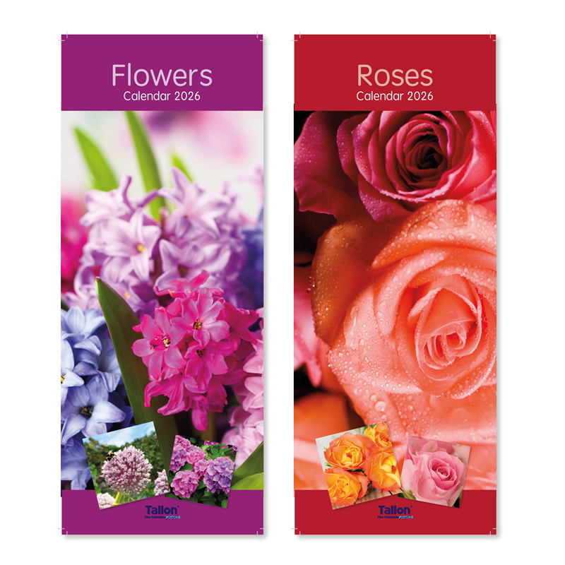 Tallon 24-pack calendar featuring floral designs, slim and tall format, ideal for organizing with decorative floral patterns.