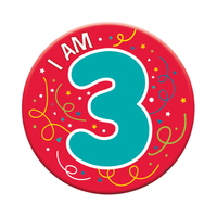 Set of six small birthday badges with age 3 from Tiger Feet, featuring colorful designs and fun graphics for celebrations.