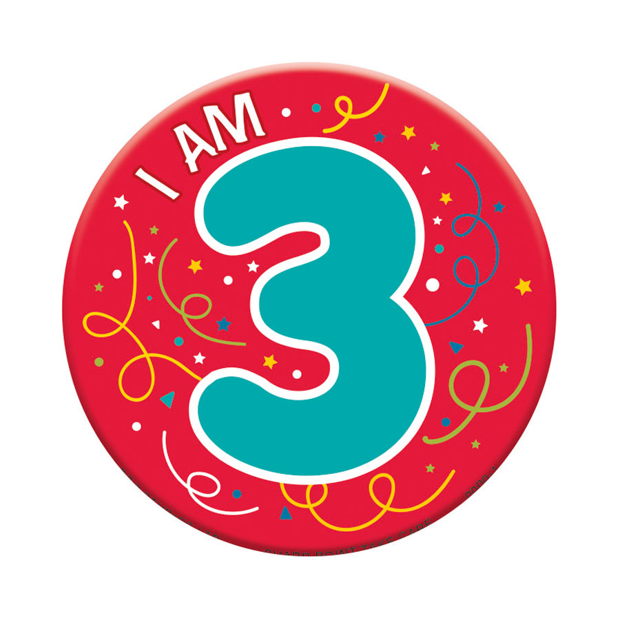 Set of six small birthday badges with age 3 from Tiger Feet, featuring colorful designs and fun graphics for celebrations.