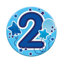 Six small birthday badges with the number 2, featuring colorful designs by Tiger Feet, suitable for celebrating a second birthday.