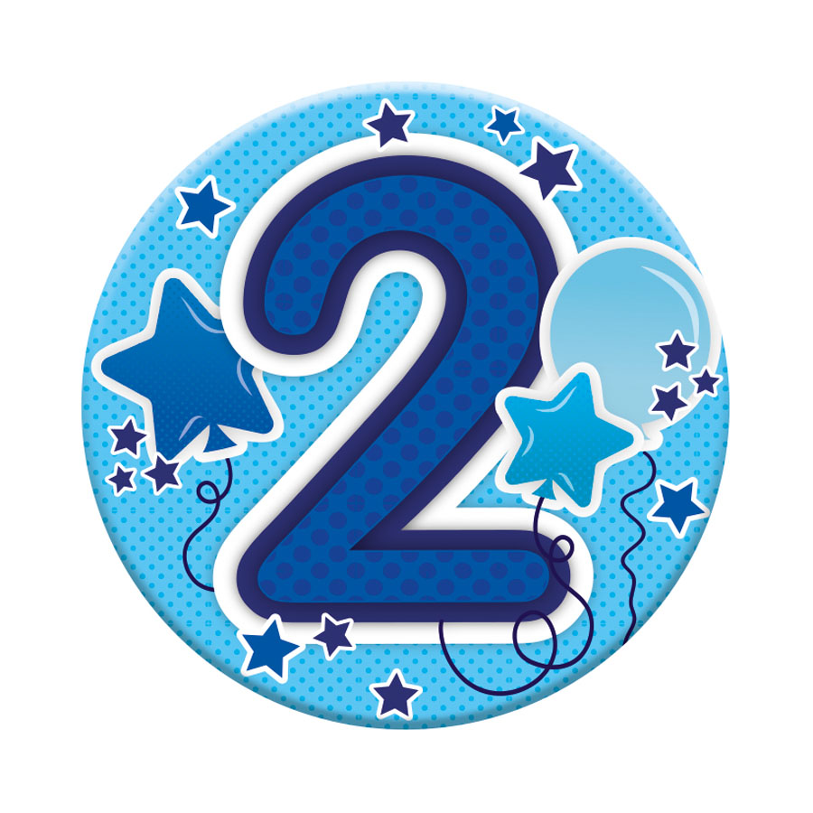 Six small birthday badges with the number 2, featuring colorful designs by Tiger Feet, suitable for celebrating a second birthday.