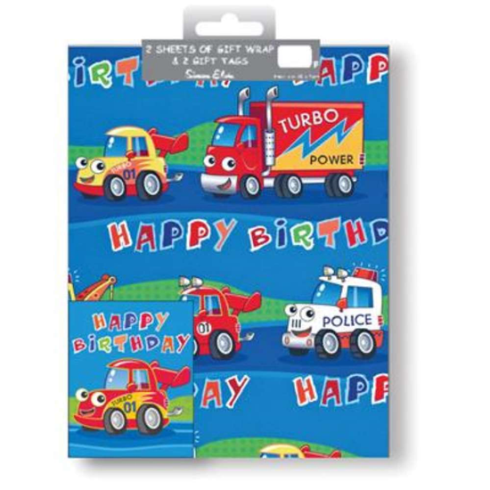 12pk Folded Wrap & Tags Happy Birthday Vehicles