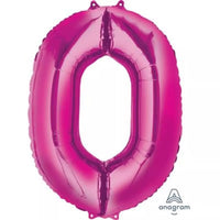 Pink 34-inch Anagram foil balloon shaped as the number 0, shiny and reflective, suitable for celebrations and party decorations.