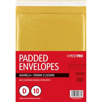 10pk Padded Envelopes Size D 180x265mm Manilla