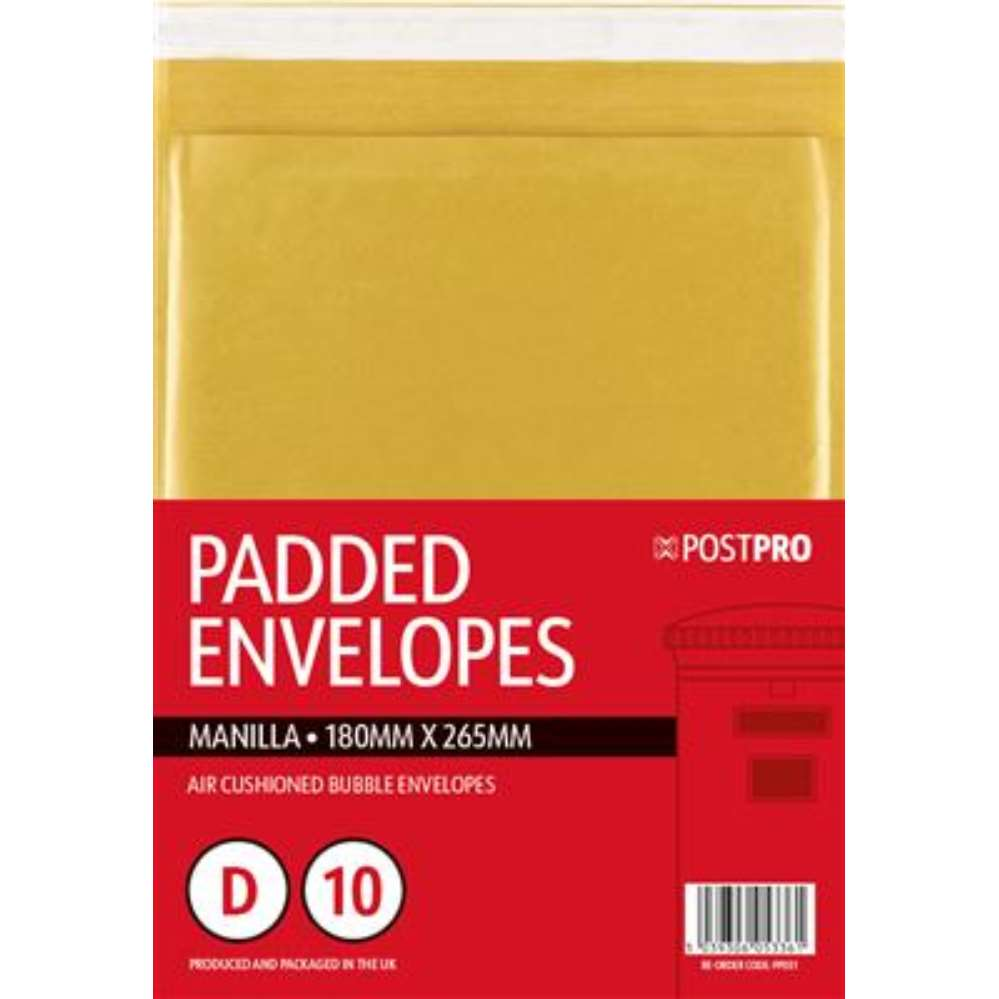 10pk Padded Envelopes Size D 180x265mm Manilla
