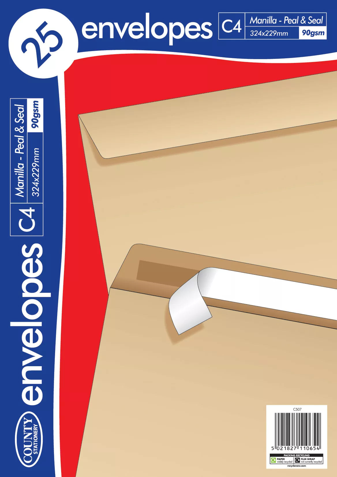 County Stationery Peel & Seal Envelopes C4 Manilla 229x324mm, 25-pack, durable mailing envelopes with secure adhesive flap.
