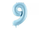 Blue 34-inch PartyDeco foil number 9 balloon, shiny metallic surface, designed for celebrations and party decorations.