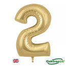 Oaktree foil balloon in gold, 34-inch number 2, shiny metallic finish, inflated and floating, perfect for celebration decorations.