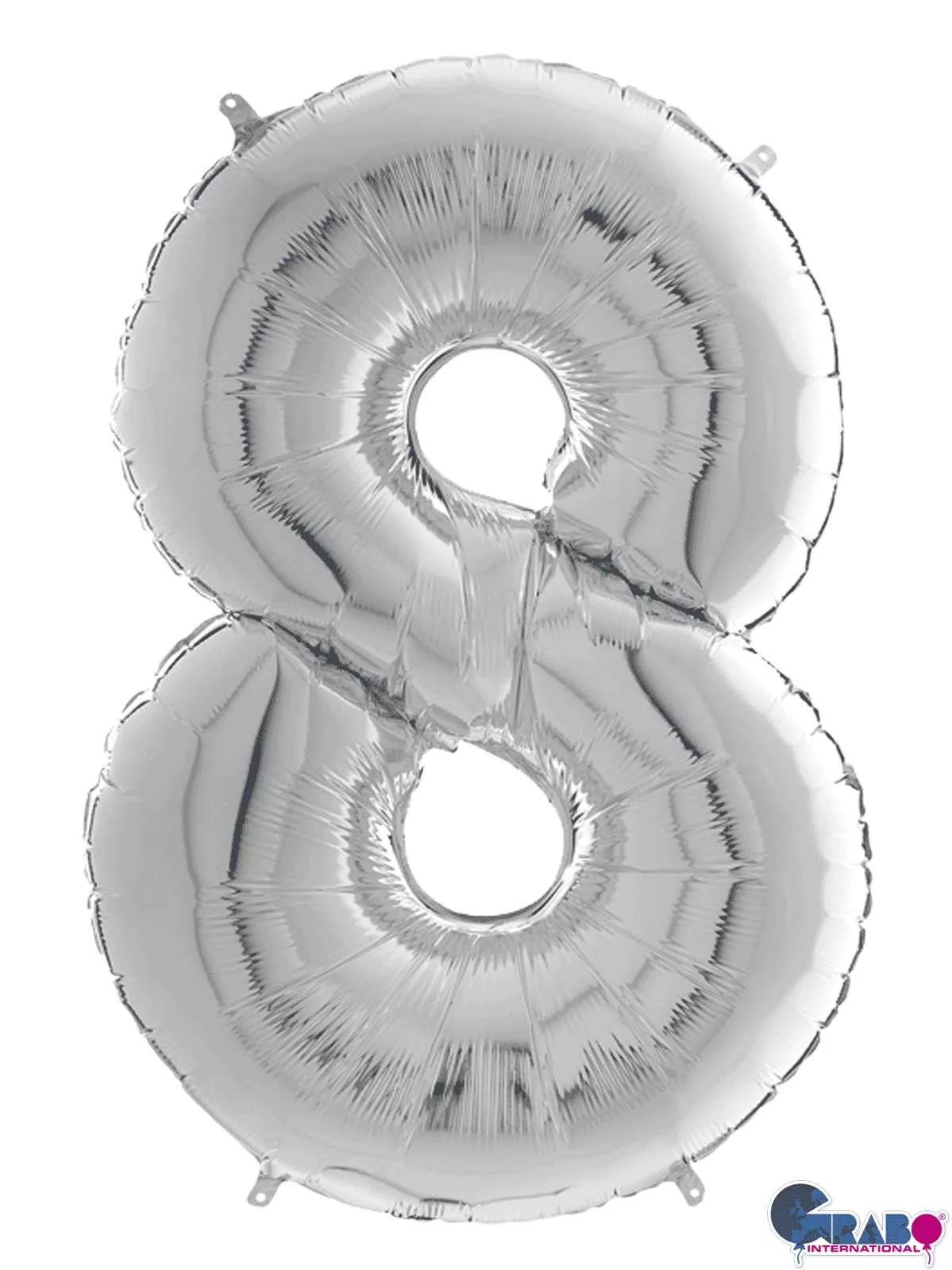 Silver Grabo foil balloon shaped as the number 8, measuring 26 inches, with shiny metallic finish and printed "8" design.