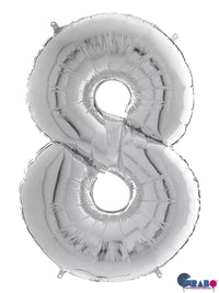 Silver Grabo foil balloon shaped as the number 8, measuring 26 inches, with shiny metallic finish and printed "8" design.