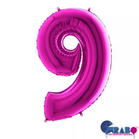 Purple Grabo foil balloon in the shape of the number 9, measuring 40 inches tall, suitable for celebration decorations.