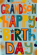 Set of six Simon Elvin C50 birthday cards for grandson, featuring colorful designs and celebratory messages.