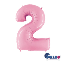 Pastel pink Grabo foil balloon in the shape of the number 2, measuring 26 inches, suitable for celebrations and decorations.