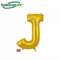 Gold Oaktree foil balloon in the shape of the letter J, 34 inches tall, designed for celebrations and party decorations.