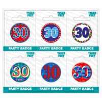 Six small Tiger Feet birthday badges with the number 30, perfect for celebrating a 30th birthday.