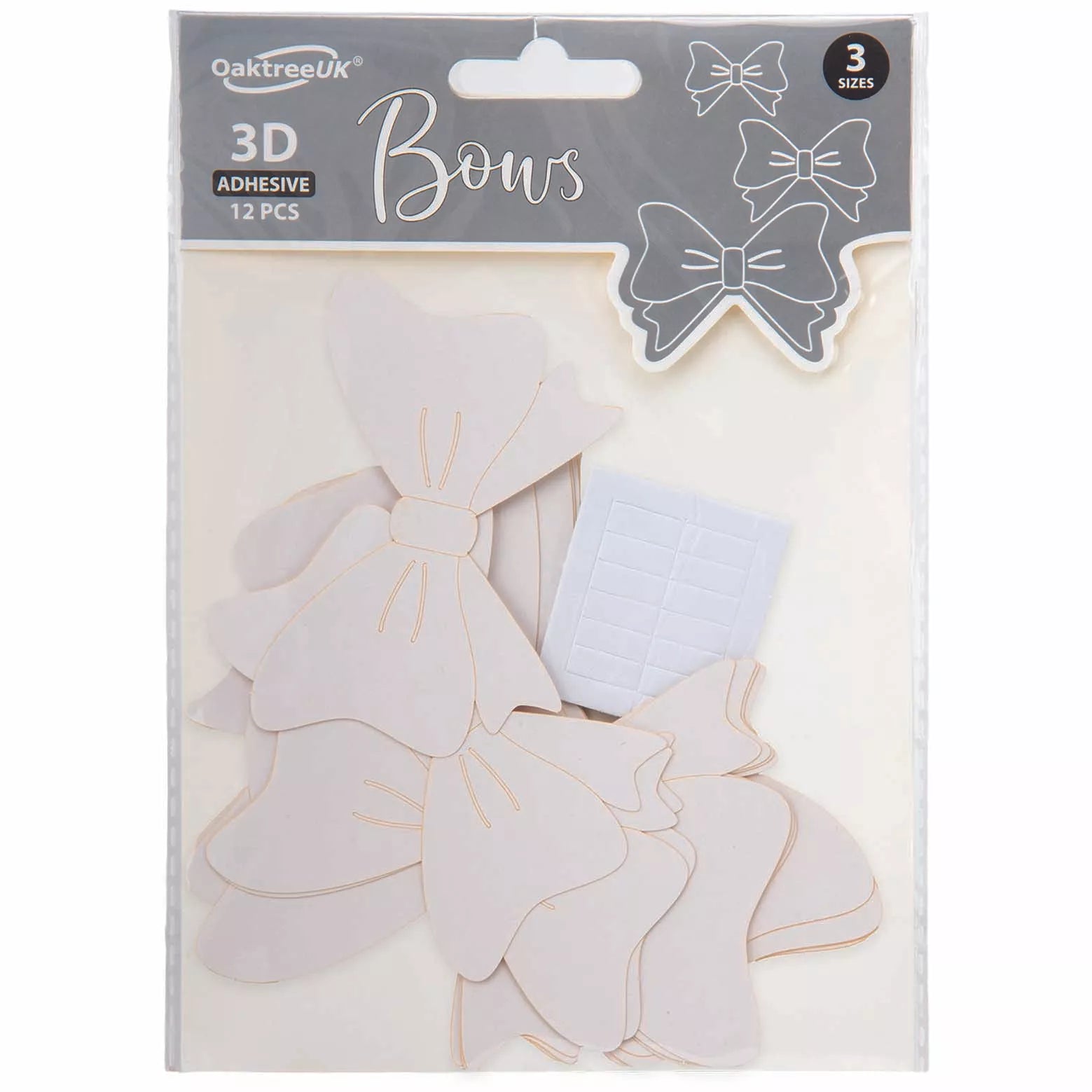 Pastel white 3D adhesive bows from Oaktree, balloon accessories, 12-pack, with soft, decorative bows for balloon decorations.