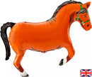 Oaktree Horse Metallic Brown 35-inch foil balloon with horse design, shiny metallic finish, floating in the air.