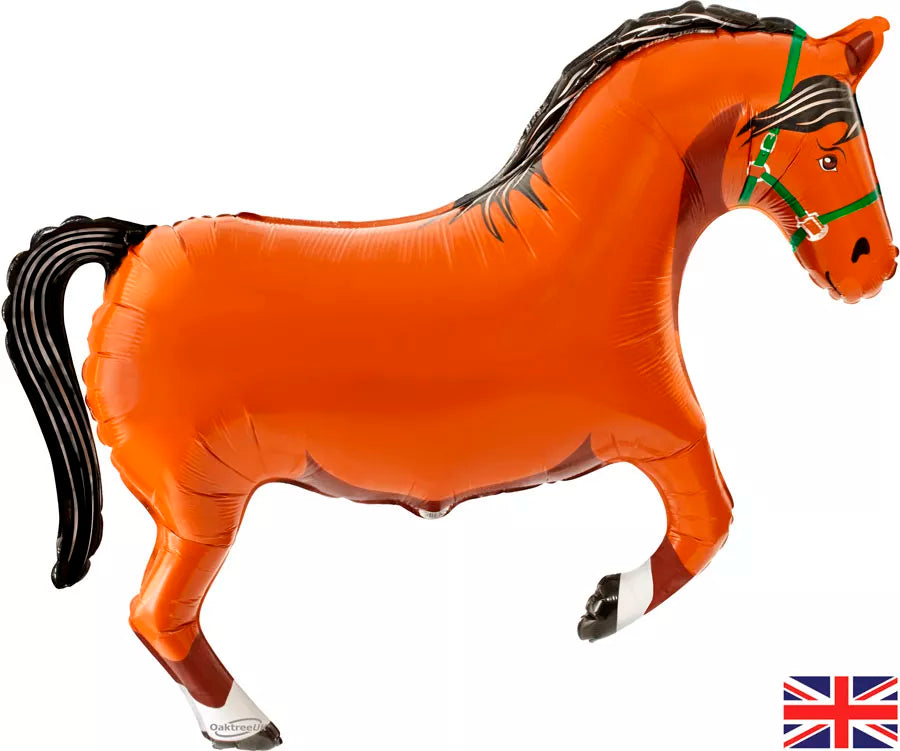 Oaktree Horse Metallic Brown 35-inch foil balloon with horse design, shiny metallic finish, floating in the air.