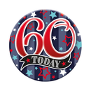 Six small birthday badges with the number 60, featuring colorful designs by Tiger Feet, perfect for celebrating milestone birthdays.