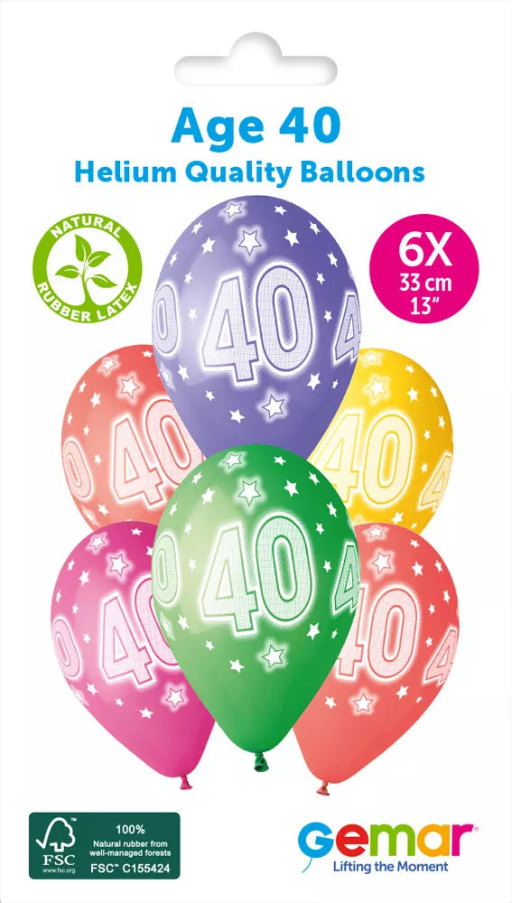 Gemar Cosmic Stars latex printed balloons, age 40, 13-inch size, set of 6, colorful star design for birthday celebrations