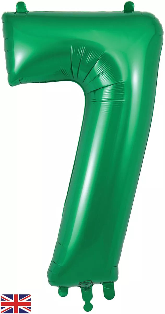 Green Oaktree foil balloon shaped as the number 7, 34 inches tall, with shiny metallic finish and detailed design.