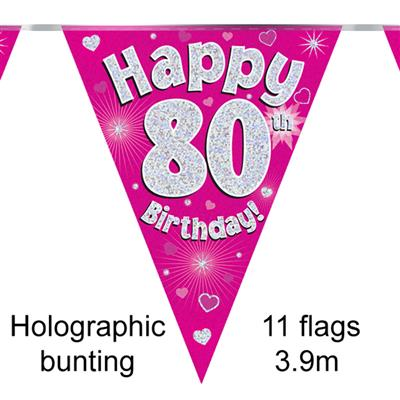 Bunting 11 Flags Pink Holographic Birthday Age 80