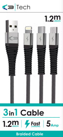 Vibe Centre braided 1.2m universal cable for electronics, showing the durable braided exterior and connector ends.