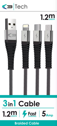 Vibe Centre braided 1.2m universal cable for electronics, showing the durable braided exterior and connector ends.