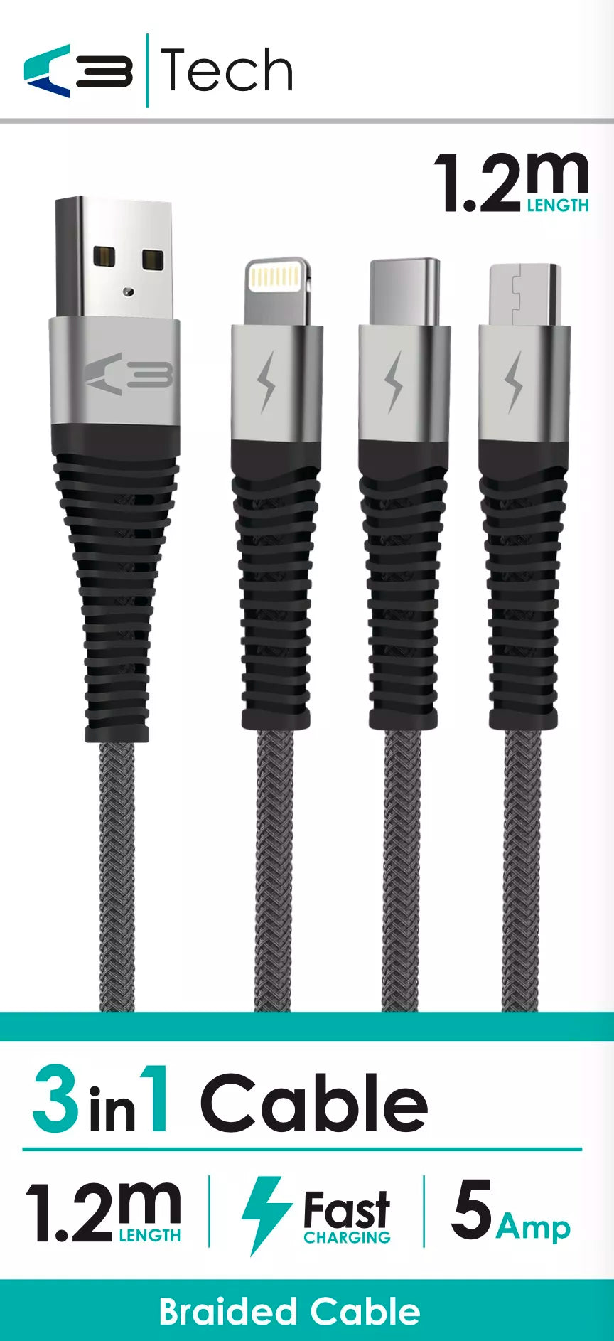 Vibe Centre braided 1.2m universal cable for electronics, showing the durable braided exterior and connector ends.