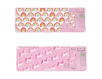 Pair of Gem Imports unicorn and rainbow pencil cases, 9x26x3.5cm, made of fabric with colorful unicorn and rainbow designs.