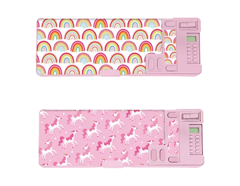 Pair of Gem Imports unicorn and rainbow pencil cases, 9x26x3.5cm, made of fabric with colorful unicorn and rainbow designs.