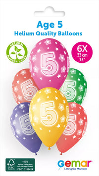 Gemar Cosmic Stars age 5 latex balloons, 13-inch printed balloons with colorful star designs, set of 6 for party decorations