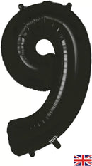 Black 34-inch Oaktree foil balloon in the shape of the number 9, shiny metallic finish, perfect for celebrations and events.
