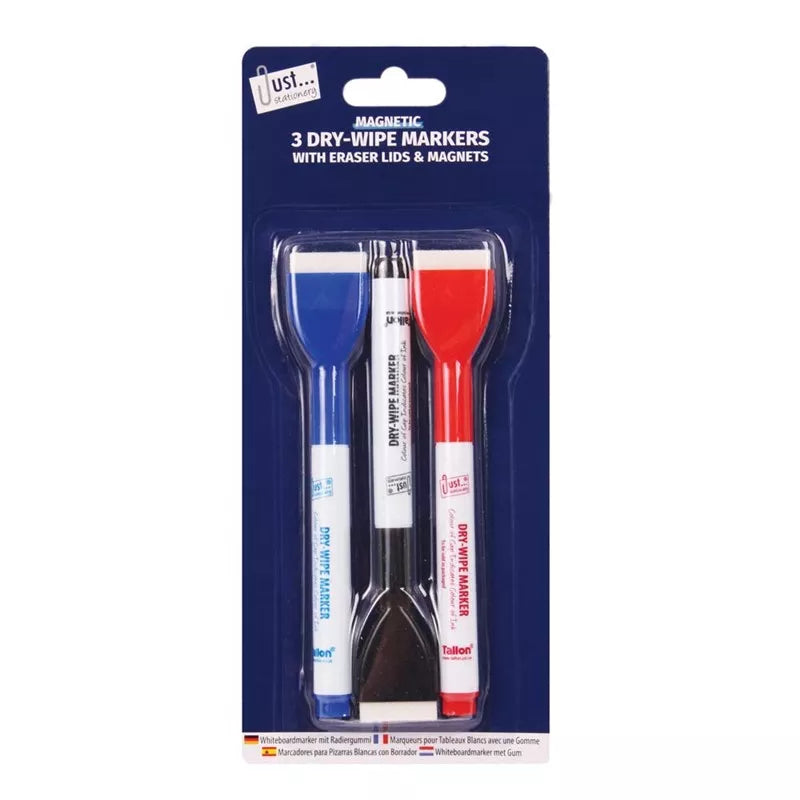 Tallon Magnetic Dry Wipe Markers 3-pack with whiteboard markers, featuring colorful ink tips and magnetic caps for easy storage.