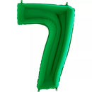 Green Grabo foil balloon in the shape of the number 7, 40 inches tall, with shiny metallic surface and festive design.