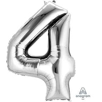 Silver 34-inch Anagram foil balloon shaped as the number 4, perfect for celebrations and party decorations.