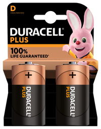 Duracell 2-pack D batteries shown in the image, providing reliable power for household devices and electronics.