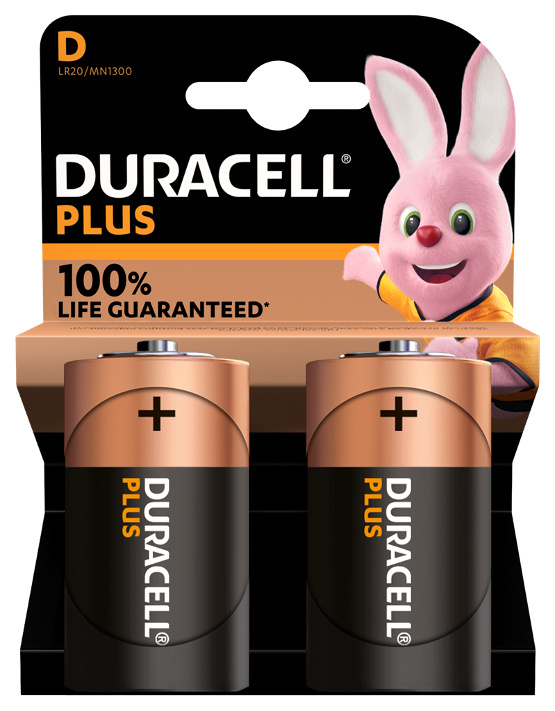 Duracell 2-pack D batteries shown in the image, providing reliable power for household devices and electronics.