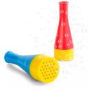 Colorful toy bubble blower by One For Fun, featuring a handheld device with a reservoir and wand for creating bubbles.