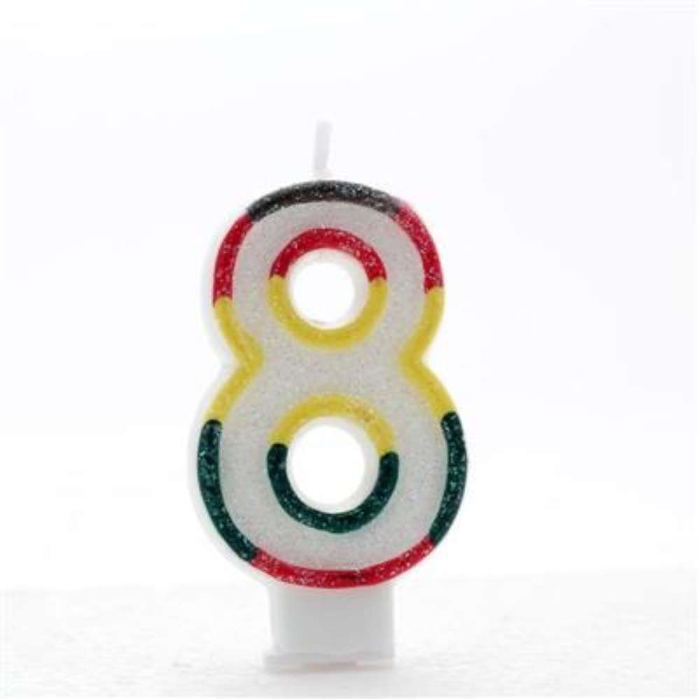 APAC 6-pack rainbow number 8 party candles for celebrations, featuring colorful, decorative candles for birthday or event decor