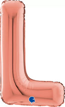 Rose gold Grabo foil balloon letter L, 26-inch size, featuring shiny metallic finish and classic letter shape for celebrations.