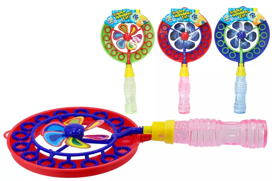 Kandy Toys Bubble Windmill Fan toy with colorful spinning blades, suitable for children and playful outdoor fun.