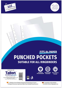 Clear Plastic A4 Punched Pockets 20pk