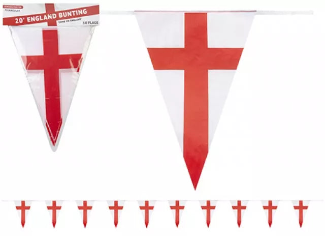 Triangular St George's bunting, 20ft long, by PMS International, featuring red and white flags for festive decoration.