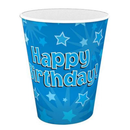 Oaktree 8-pack 9oz Happy Birthday blue drinkware cups with colorful birthday design on white background.