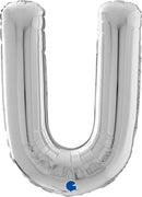 Silver Grabo foil balloon shaped as the letter U, measuring 26 inches, with reflective metallic surface.